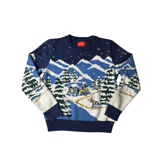 Holiday Lane Girl's Blue Combo Snowy Town Landscape Crewneck Sweater Size 8 - Picture 1 of 3